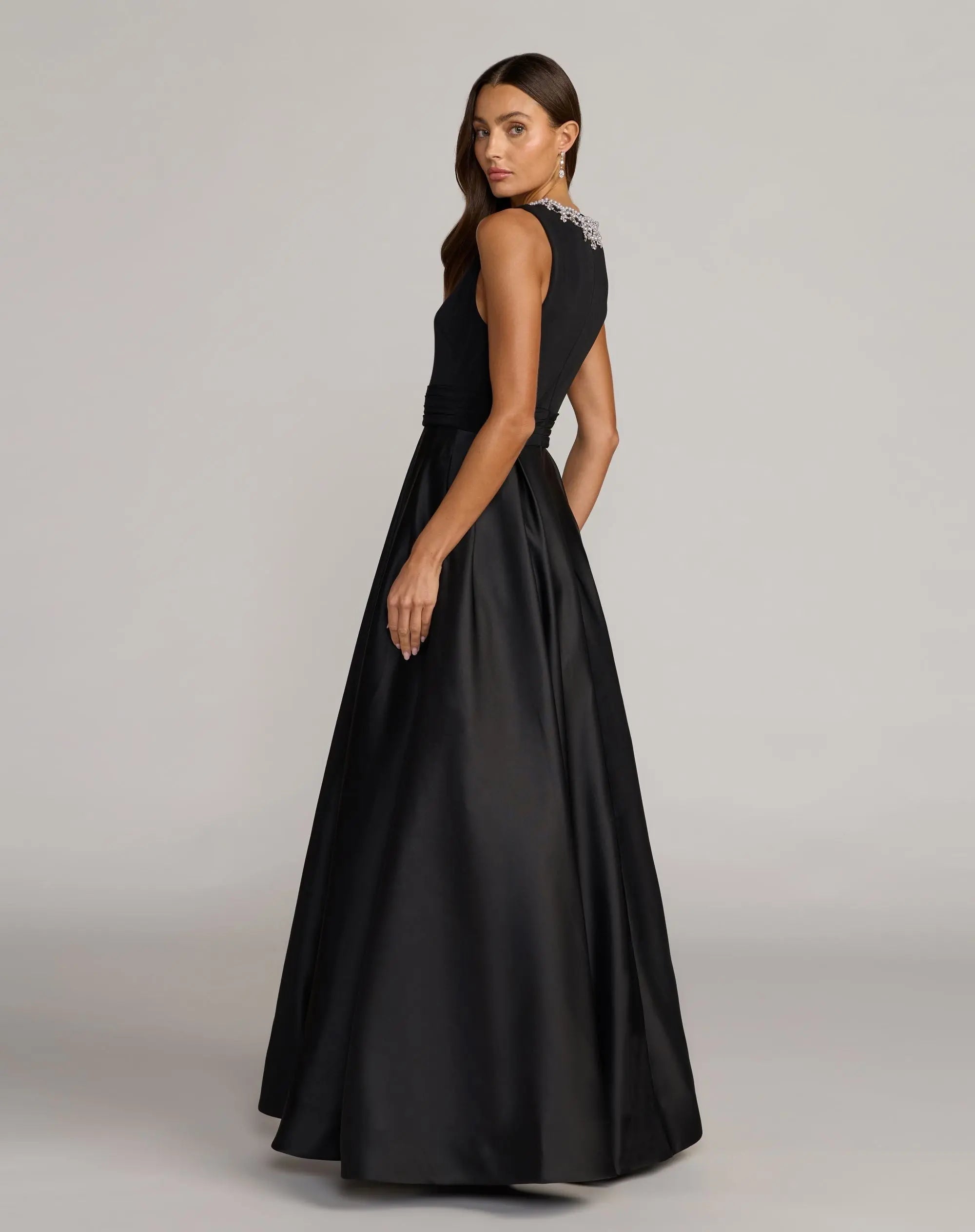 Mac Duggal #69084 black embellished high neck sleeveless a line gown