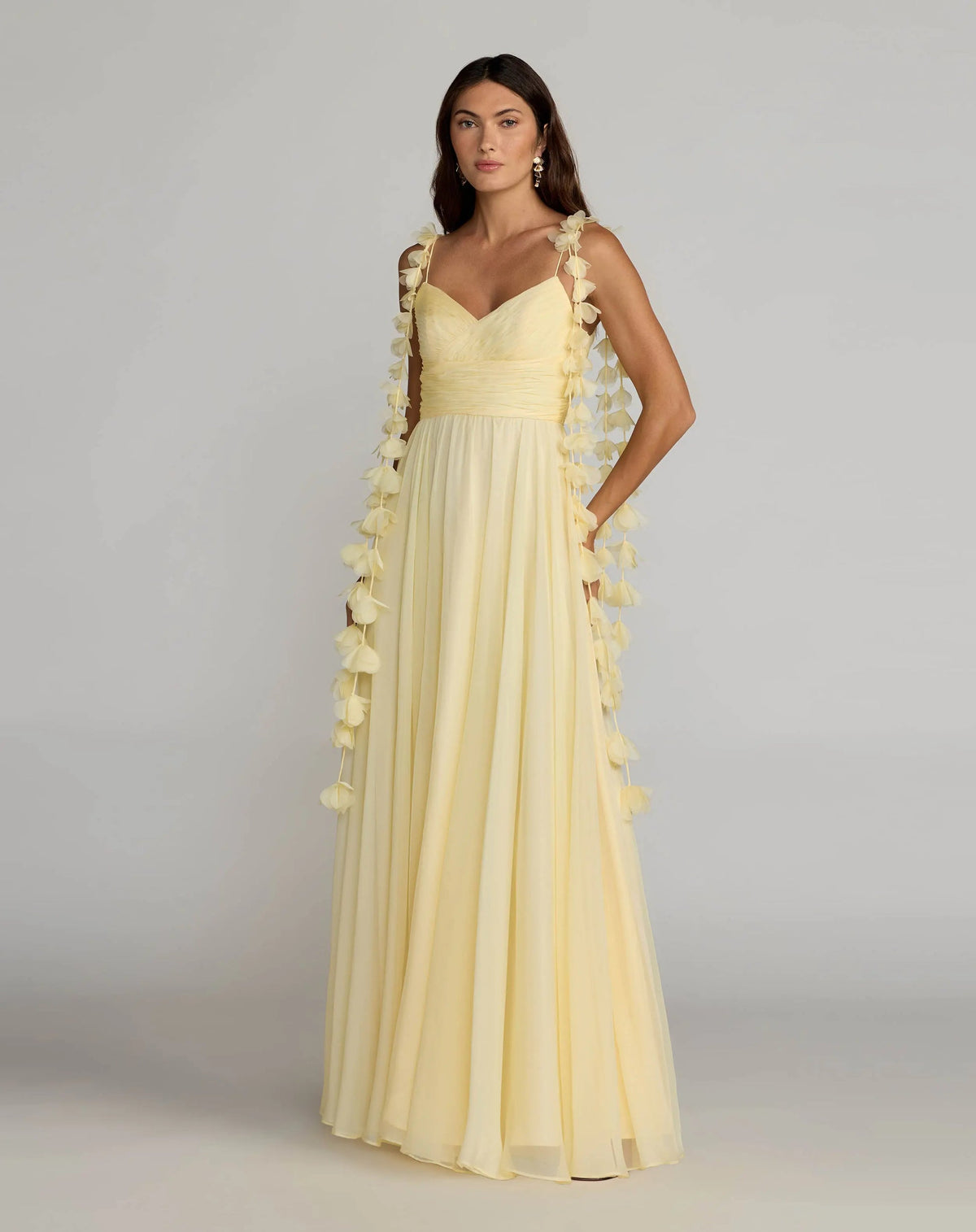 Mac Duggal Yellow Chiffon A Line Gown With 3D Flower Straps #69086