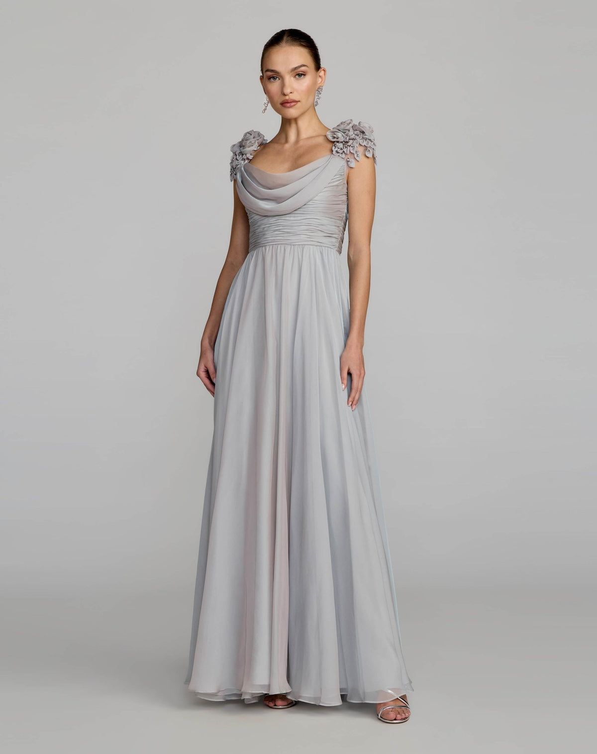 Chiffon cowl neck embellished cap sleeve gown - Platinum