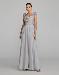 Chiffon cowl neck embellished cap sleeve gown - Platinum