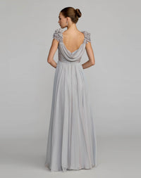 Chiffon cowl neck embellished cap sleeve gown - Platinum