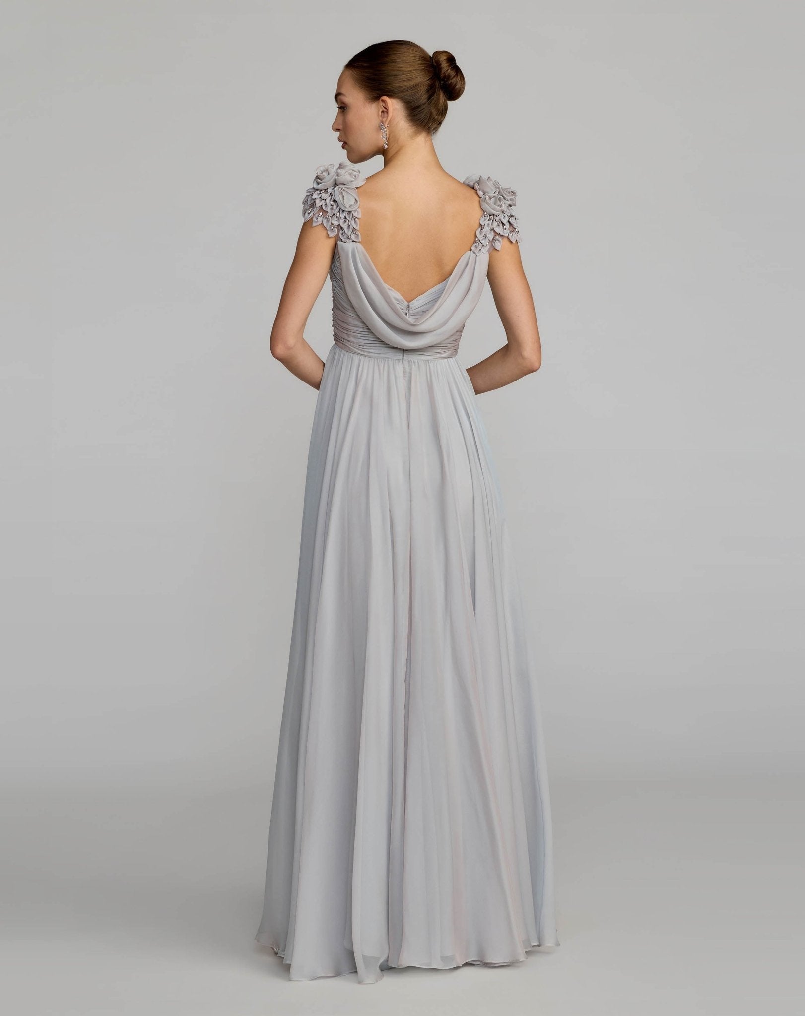 Chiffon cowl neck embellished cap sleeve gown - Platinum