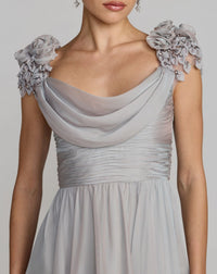Chiffon cowl neck embellished cap sleeve gown - Platinum