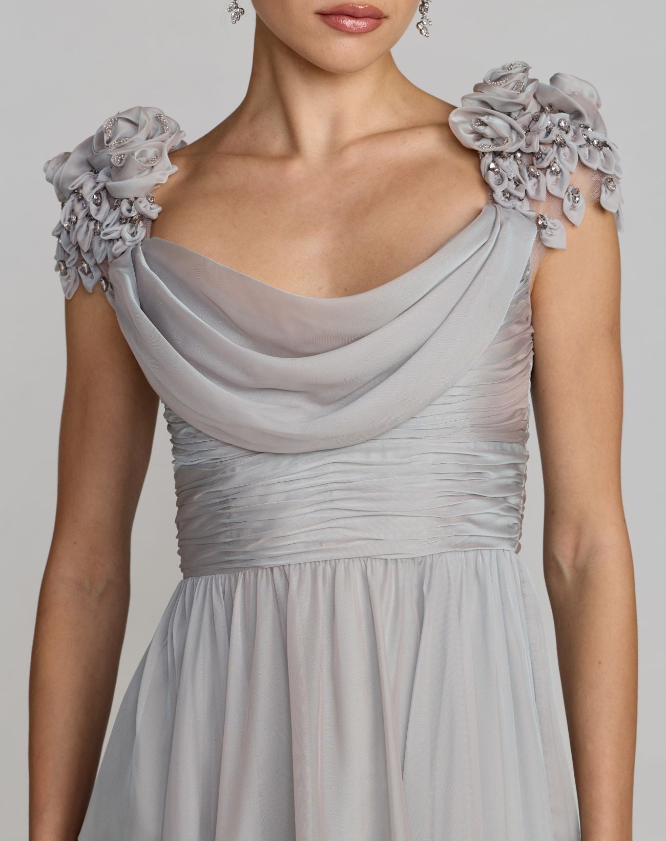 Chiffon cowl neck embellished cap sleeve gown - Platinum