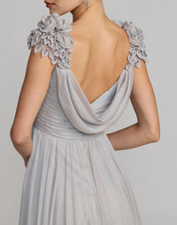 Chiffon cowl neck embellished cap sleeve gown - Platinum