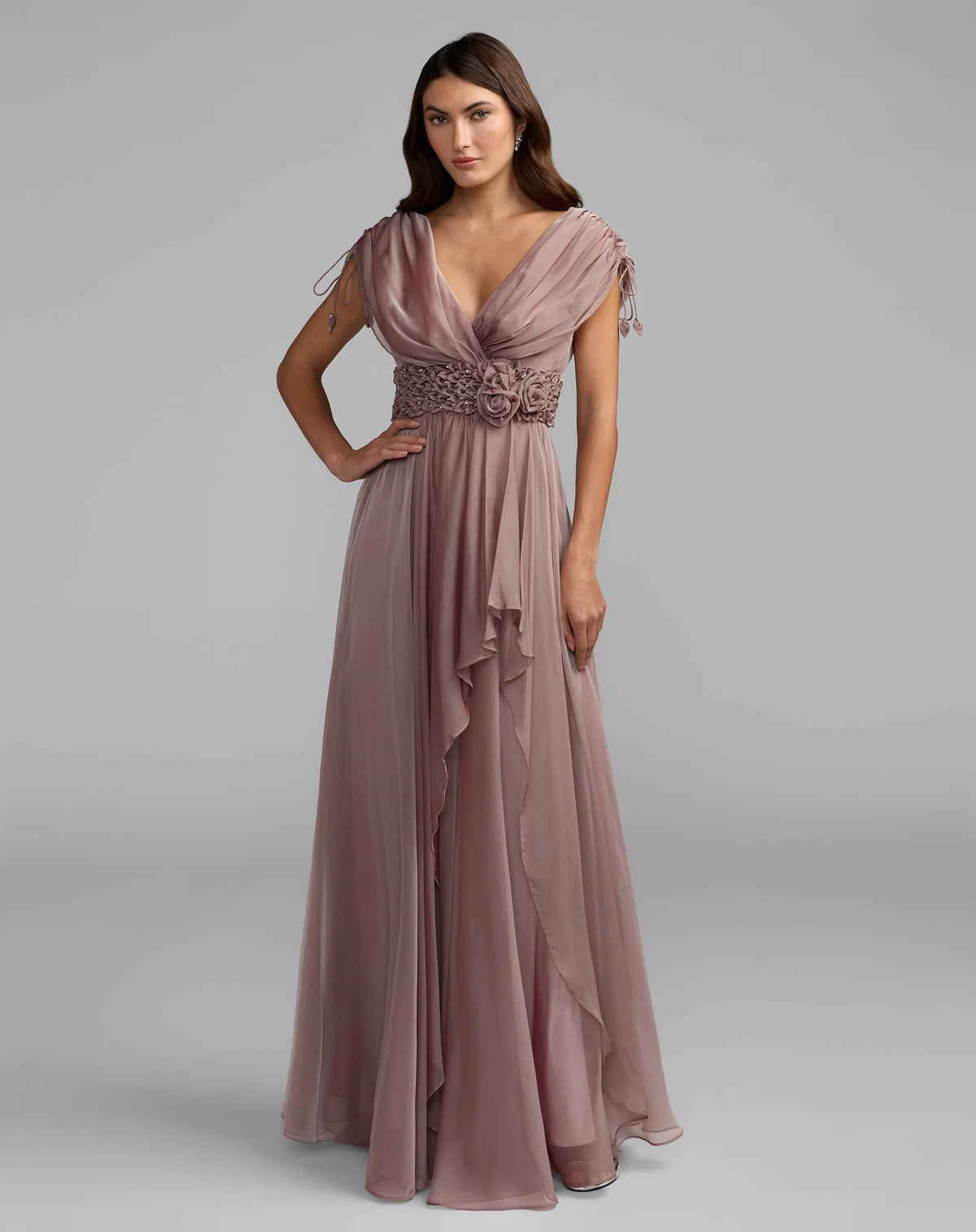 Mac Duggal Mocha Beaded Chiffon Drapped Sleeves V Neck Gown #69089

