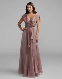 Mac Duggal Mocha Beaded Chiffon Drapped Sleeves V Neck Gown #69089

