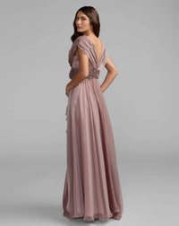 Mac Duggal Mocha Beaded Chiffon Drapped Sleeves V Neck Gown #69089 back view