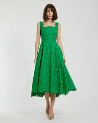 Green Embroidered Cotton A-Line Midi Dress