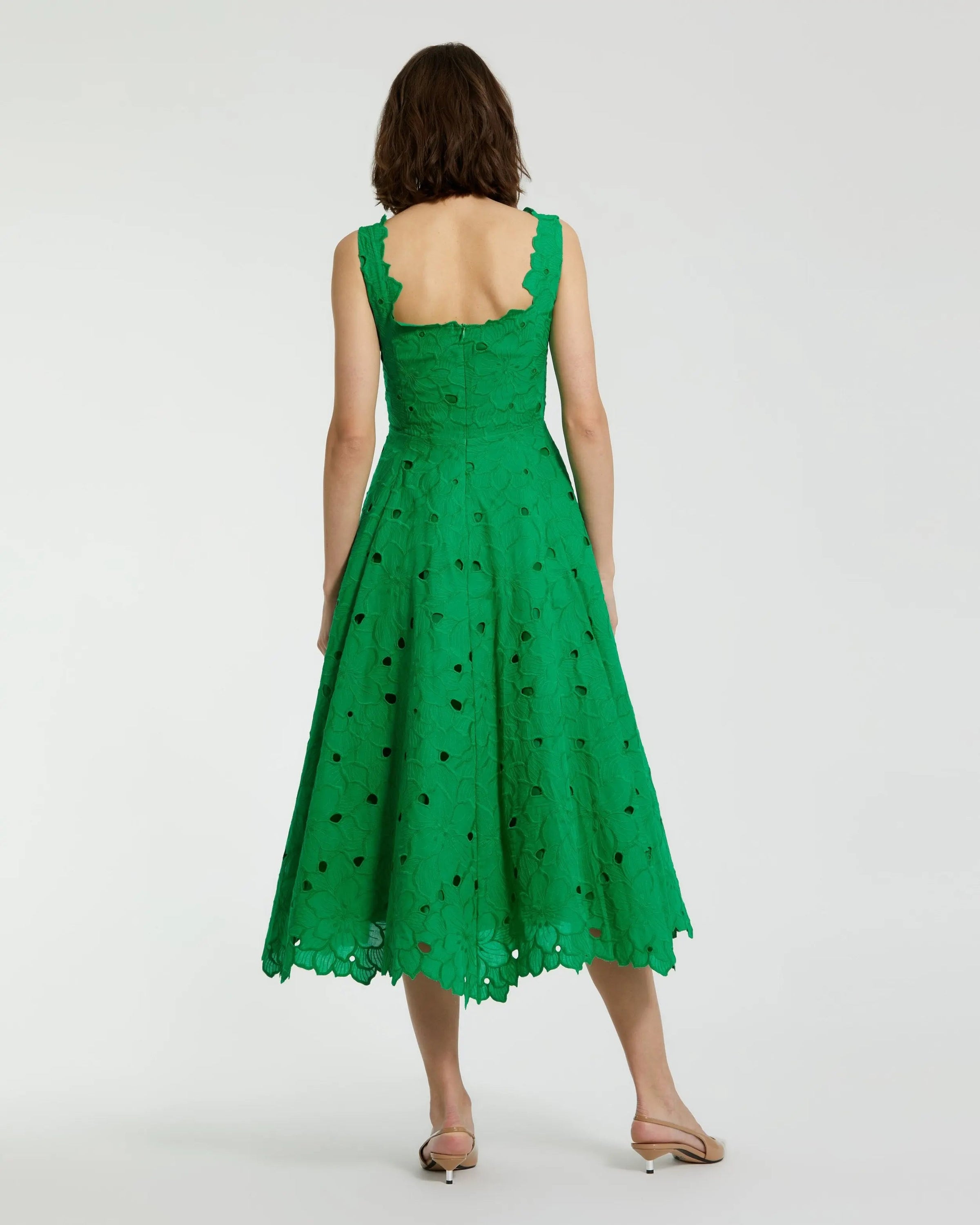 Green Embroidered Cotton A-Line Midi Dress - Back