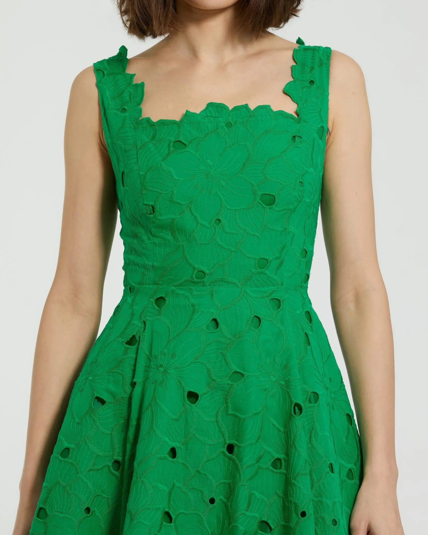 Green Embroidered Cotton A-Line Midi Dress - Close Up