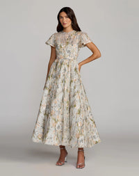 Ivory Flutter Sleeve Sequin A-Line Midi Dress