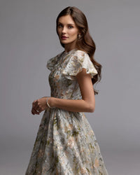 Ivory Flutter Sleeve Sequin A-Line Midi Dress