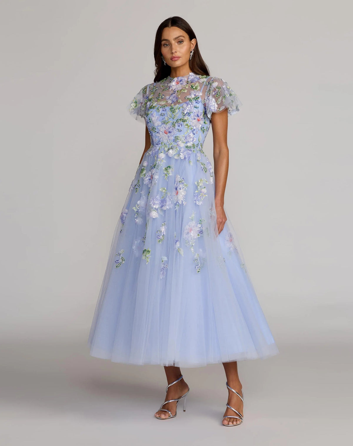 Mac Duggal Midnight Blue Mult Butterfly Beaded Tulle Gown with Flutter Sleeves #69108