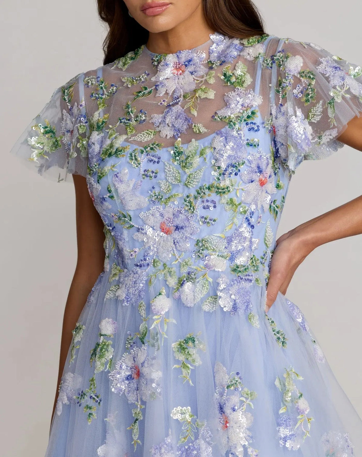 Mac Duggal Midnight Blue Mult Butterfly Beaded Tulle Gown with Flutter Sleeves #69108