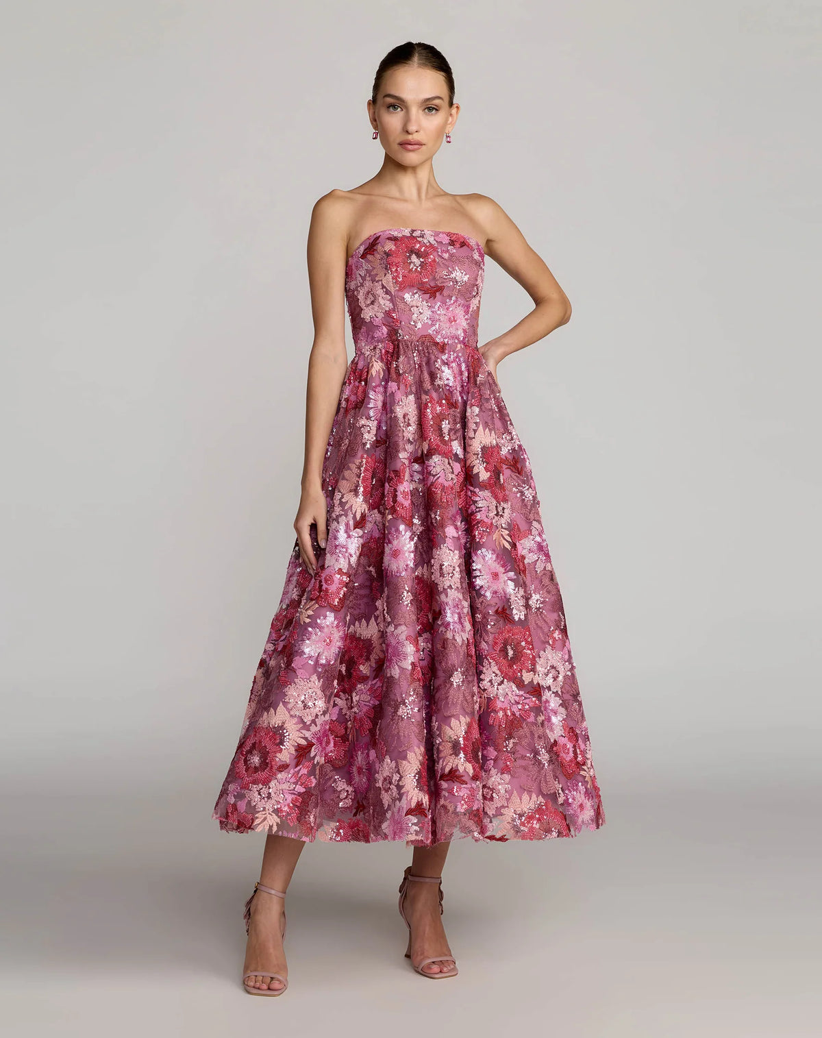Mac Duggal #69109 Sequin Mesh Strapless Midi Dress Pockets Pink Multi
