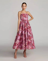Mac Duggal #69109 Sequin Mesh Strapless Midi Dress Pockets Pink Multi