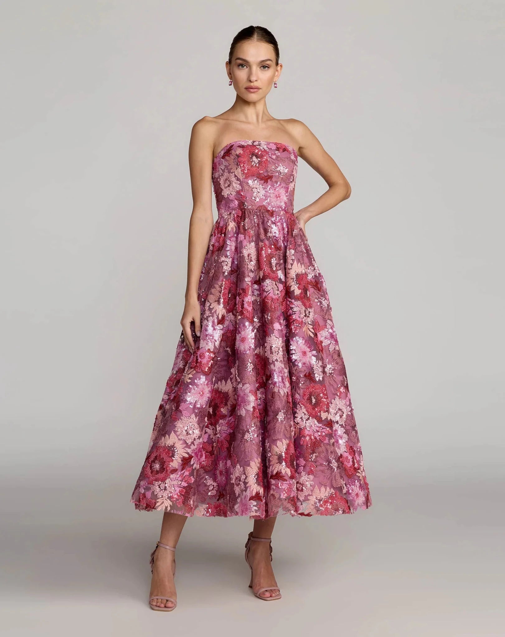 Mac Duggal #69109 Sequin Mesh Strapless Midi Dress Pockets Pink Multi
