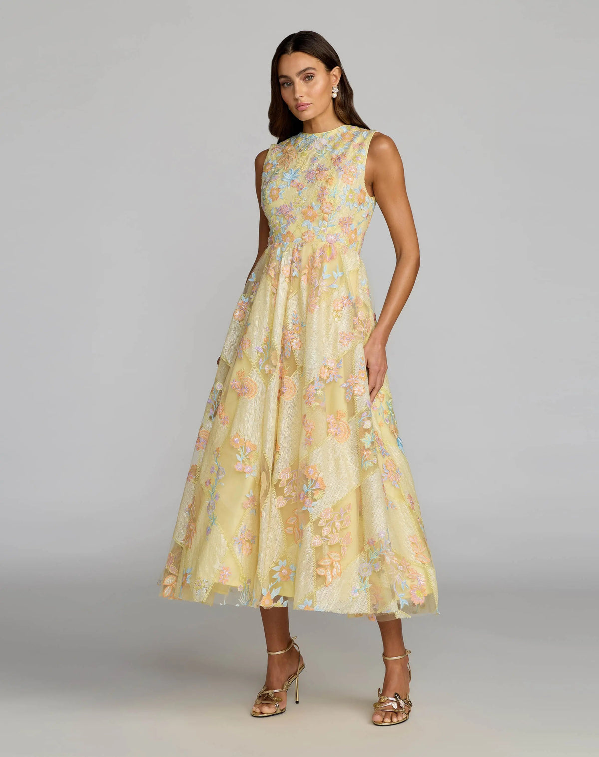Mac Duggal 69111 Yellow Multi sleeveless embroidered A-line midi dress - Front