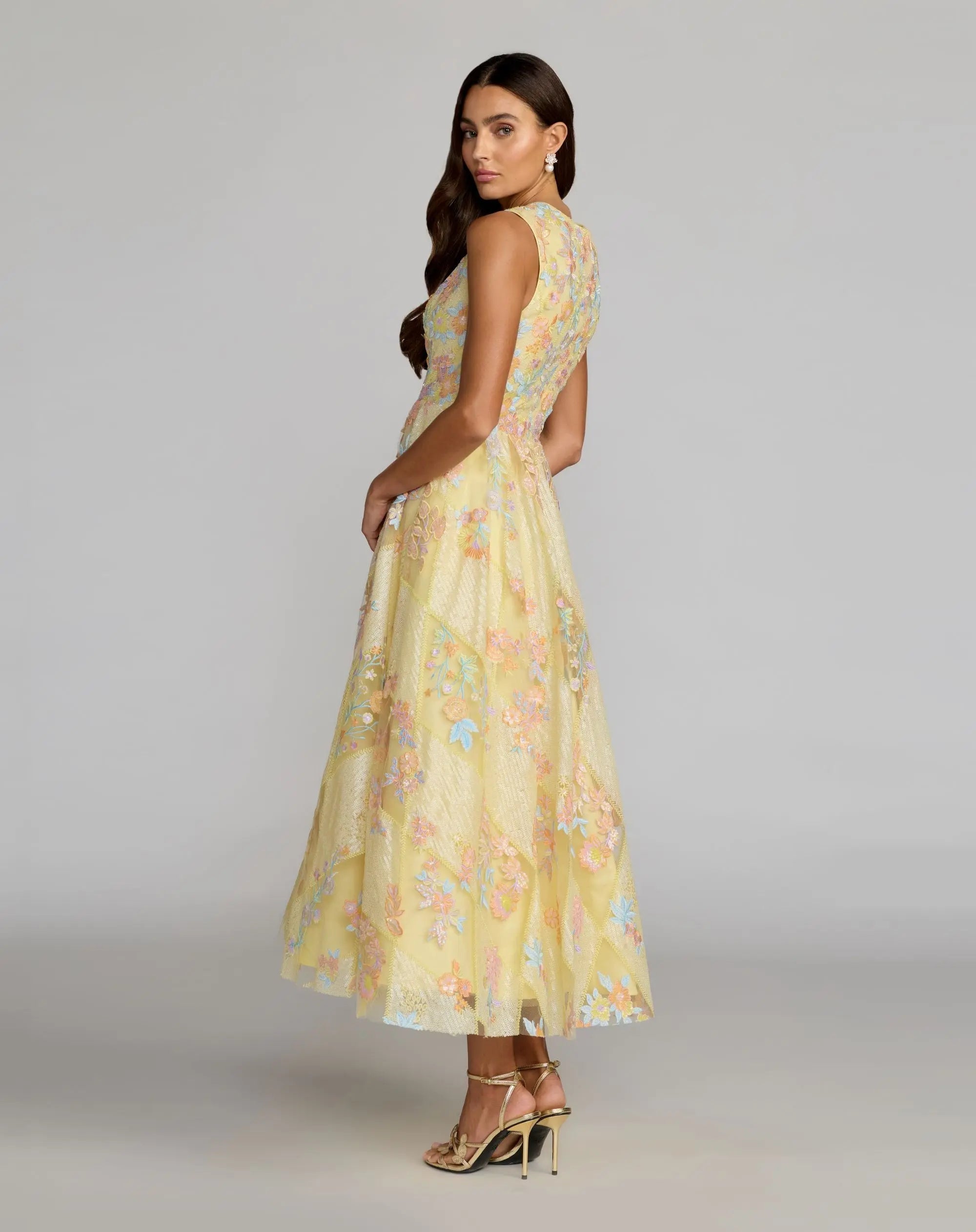Mac Duggal 69111 Yellow Multi sleeveless embroidered A-line midi dress - Back view