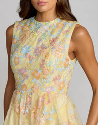 Mac Duggal 69111 Yellow Multi sleeveless embroidered A-line midi dress - Close up detail