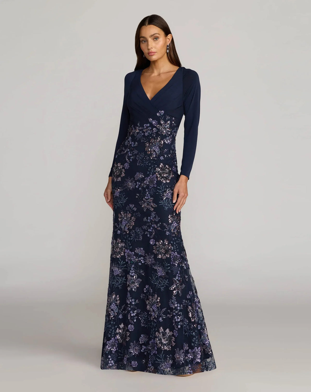 Mac Duggal #69122 Navy Floral Embroidered Jersey Long Sleeve Gown