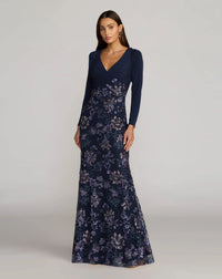 Mac Duggal #69122 Navy Floral Embroidered Jersey Long Sleeve Gown