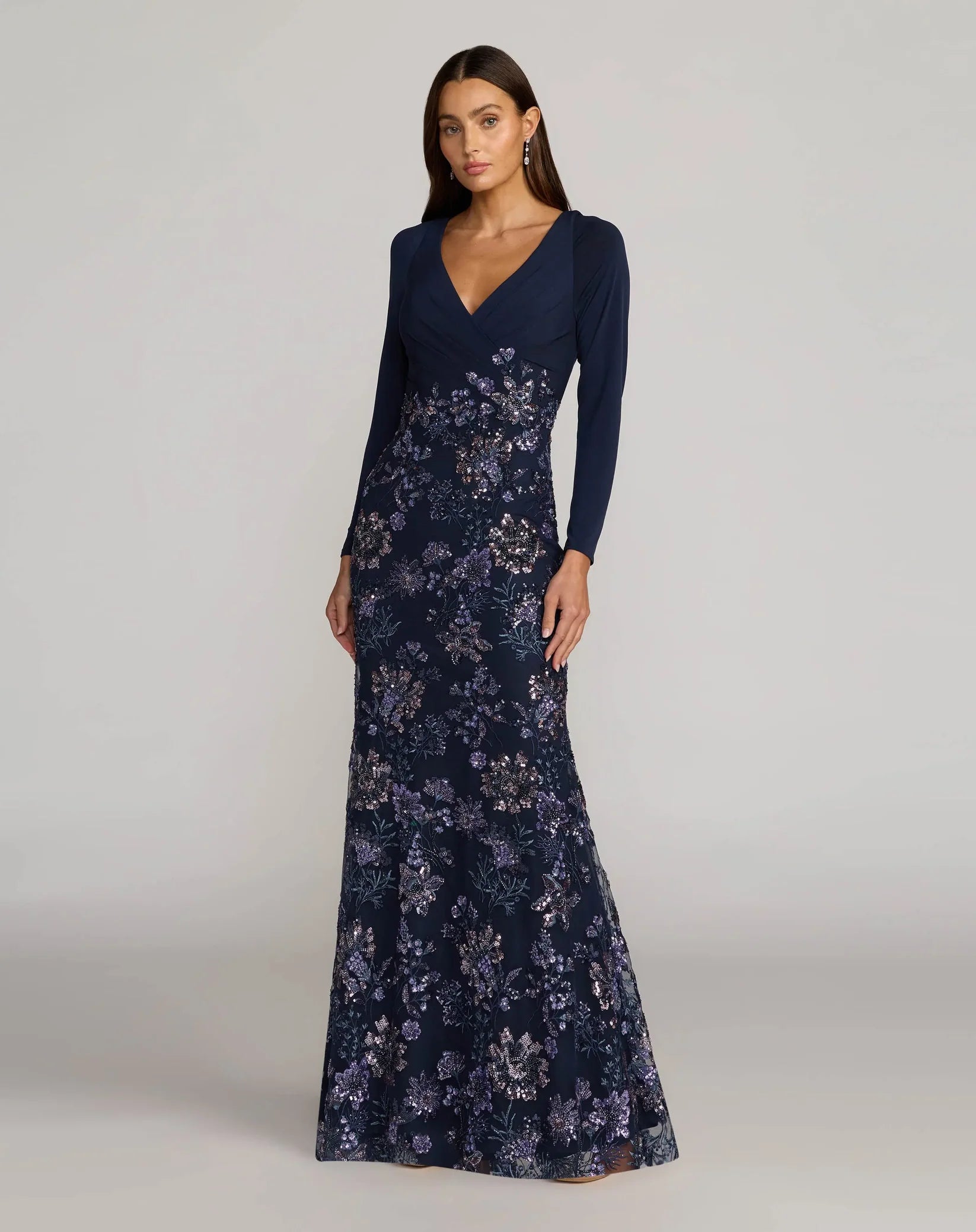 Mac Duggal #69122 Navy Floral Embroidered Jersey Long Sleeve Gown