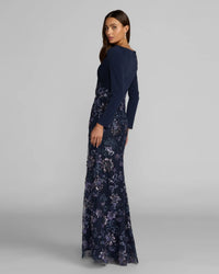 Mac Duggal #69122 Navy Floral Embroidered Jersey Long Sleeve Gown back view