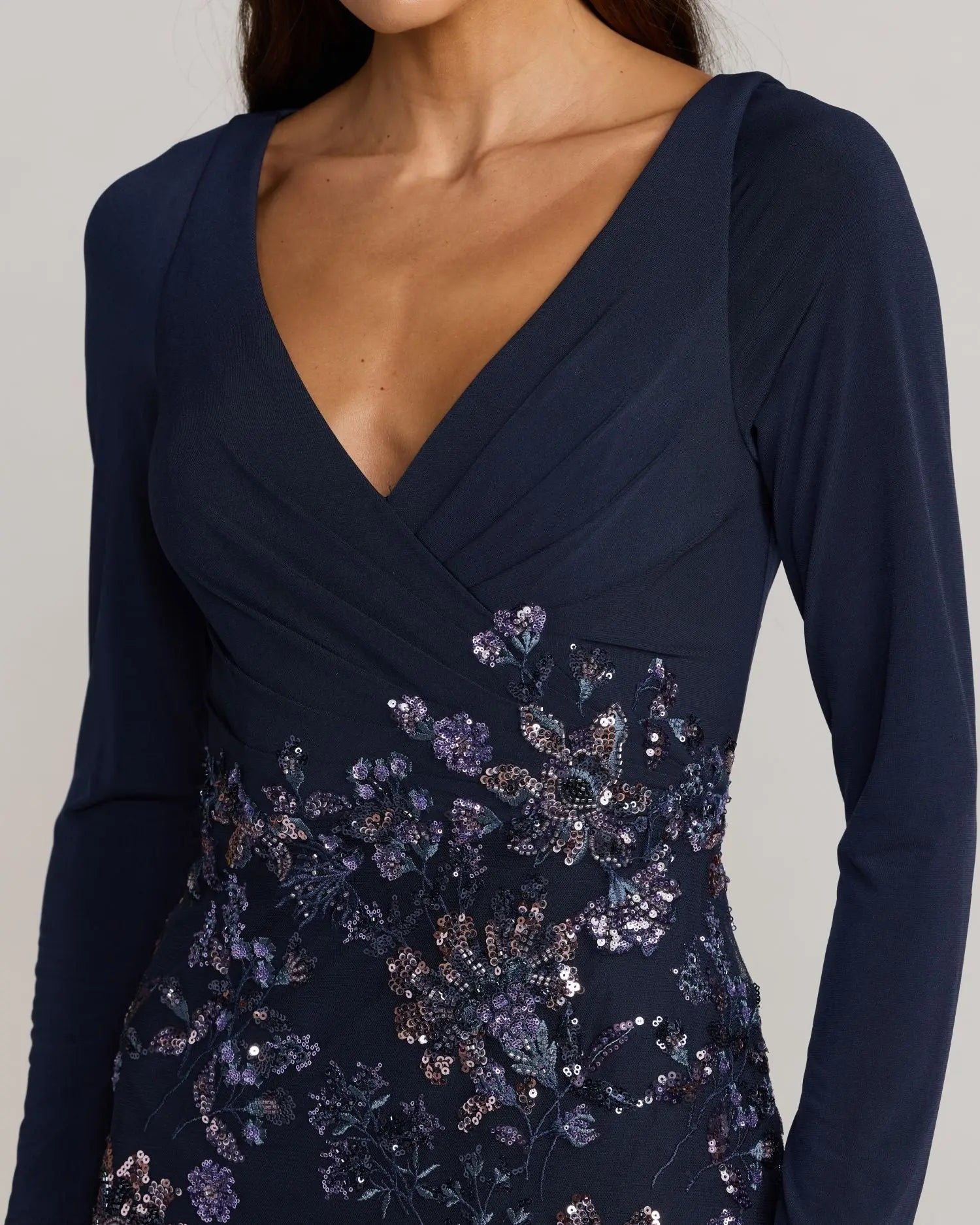 Mac Duggal #69122 Navy Floral Embroidered Jersey Long Sleeve Gown close up