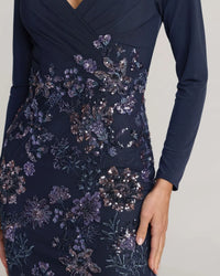 Mac Duggal #69122 Navy Floral Embroidered Jersey Long Sleeve Gown close up