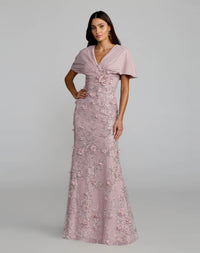 Full-length front studio view of the rose gown featuring a fitted silhouette and cape sleeves.