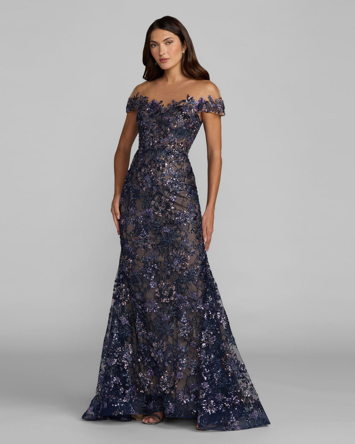 Navy embellished lace trumpet gown