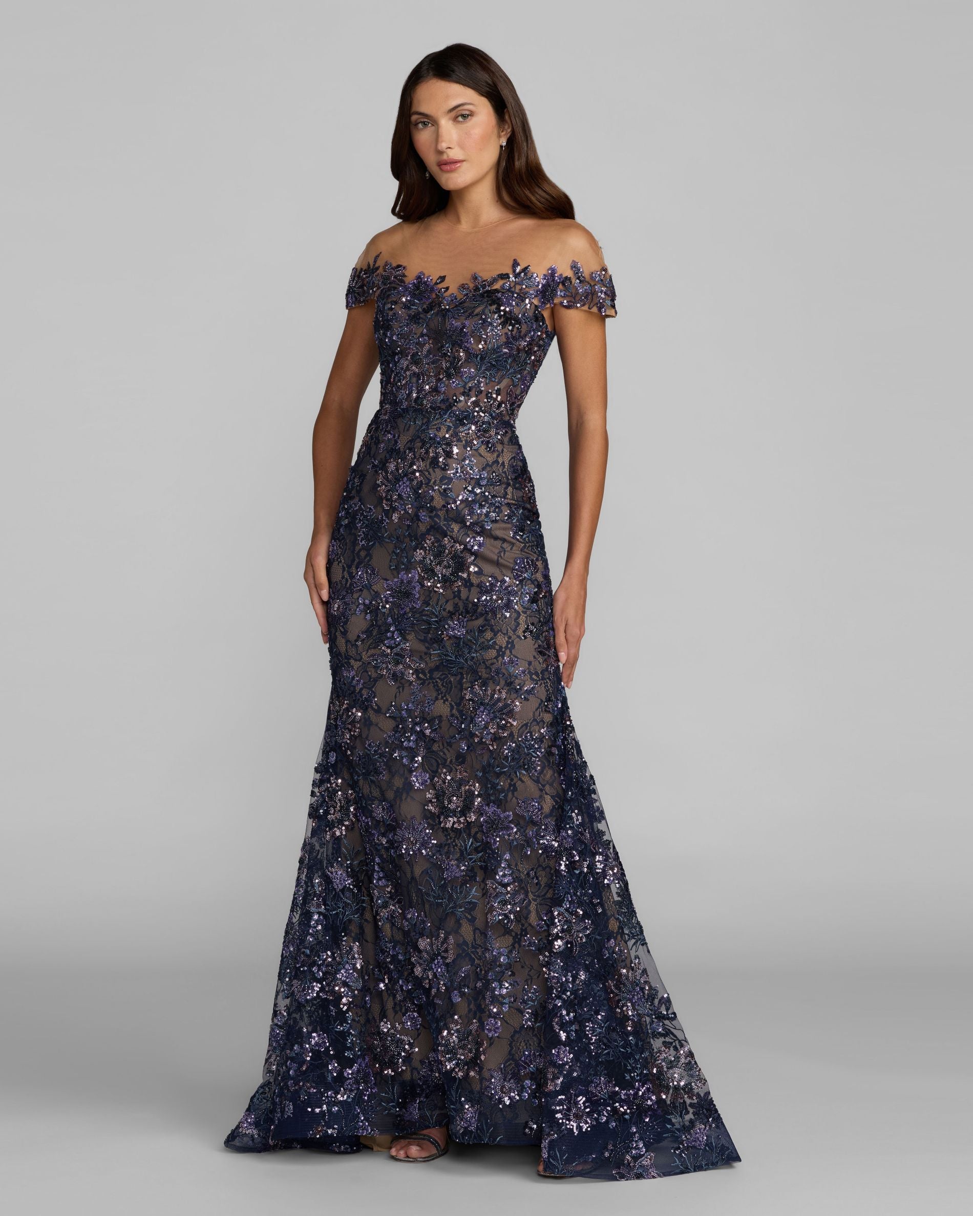 Mac Duggal #69139 Navy Embellished Lace Trumpet Gown Midnight