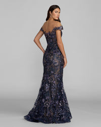 Navy Embellished Lace Trumpet Gown in Midnight - back