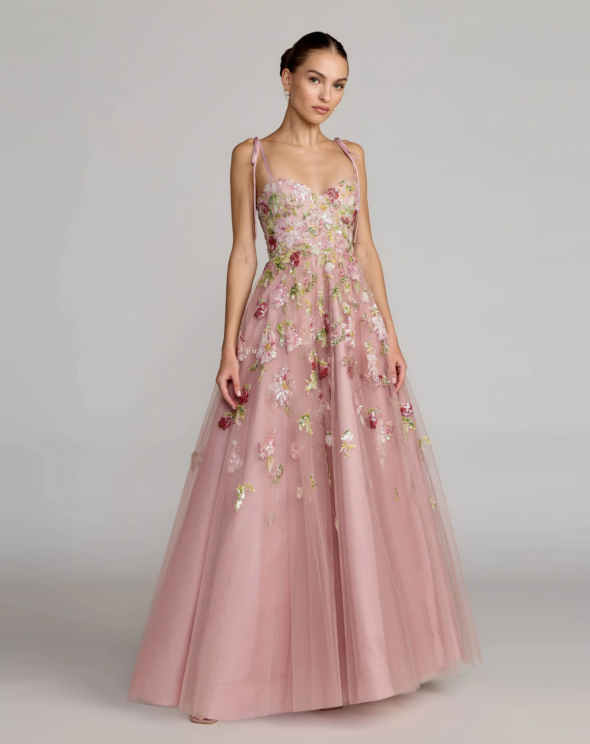 Mac Duggal Pink Floral Embellished Tulle Ball Gown #69143