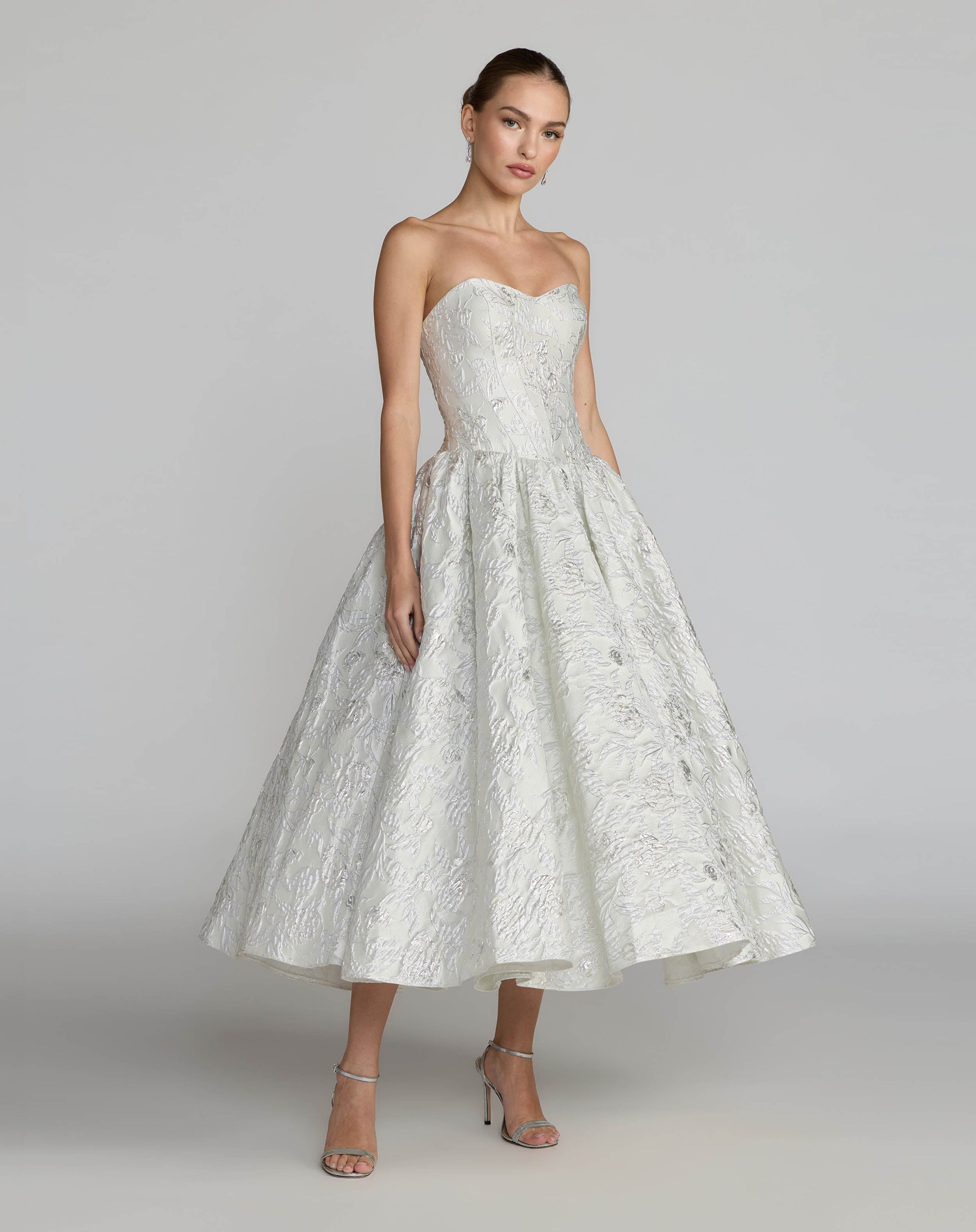 Mac Duggal #69146 Brocade Strapless Dropwaist Midi Dress Ivory