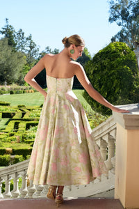 Mac Duggal 69147 Sage Multi Strapless Floral Brocade Midi Dress with Structured A-Line Skirt