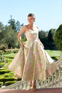 Mac Duggal 69147 Sage Multi Strapless Floral Brocade Midi Dress with Structured A-Line Skirt