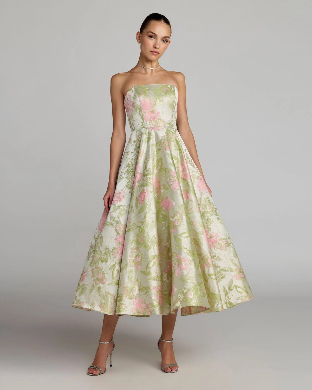 Mac Duggal 69147 Sage Multi Strapless Floral Brocade Midi Dress with Structured A-Line Skirt