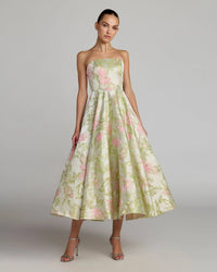 Mac Duggal 69147 Sage Multi Strapless Floral Brocade Midi Dress with Structured A-Line Skirt