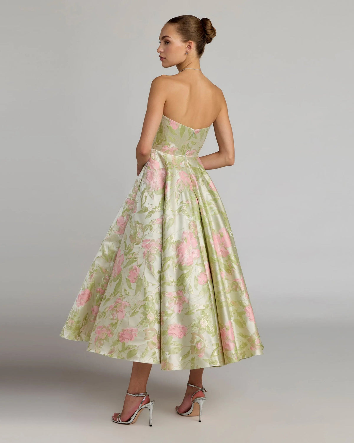 Mac Duggal 69147 Sage Multi Strapless Floral Brocade Midi Dress with Structured A-Line Skirt