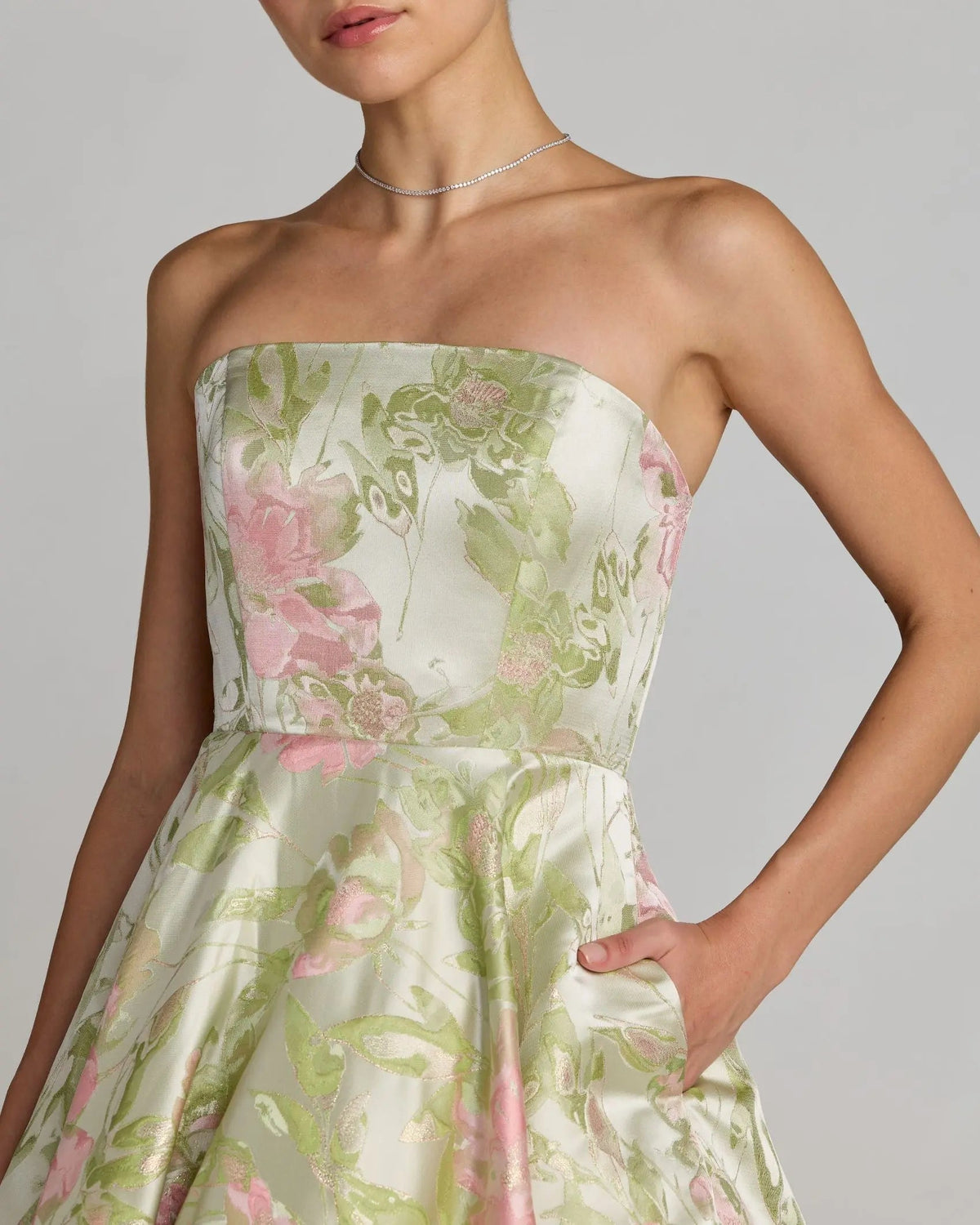 Mac Duggal 69147 Sage Multi Strapless Floral Brocade Midi Dress with Structured A-Line Skirt