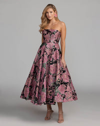 Mac Duggal #69149 black multi strapless brocade midi dress