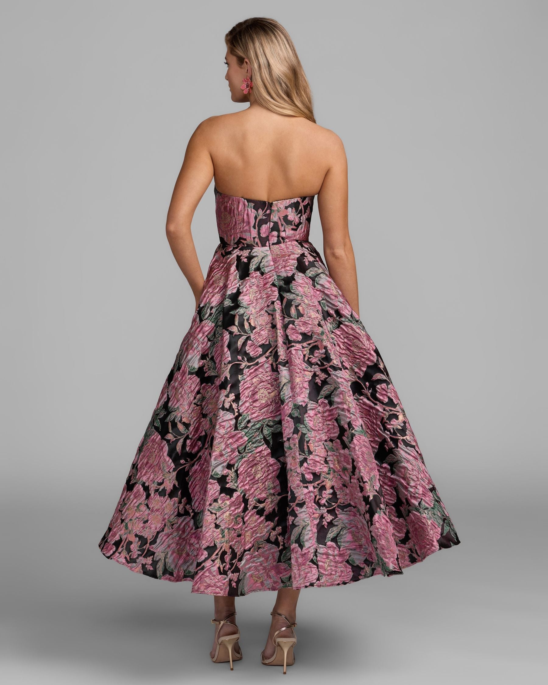 Mac Duggal #69149 black multi brocade midi dress back view