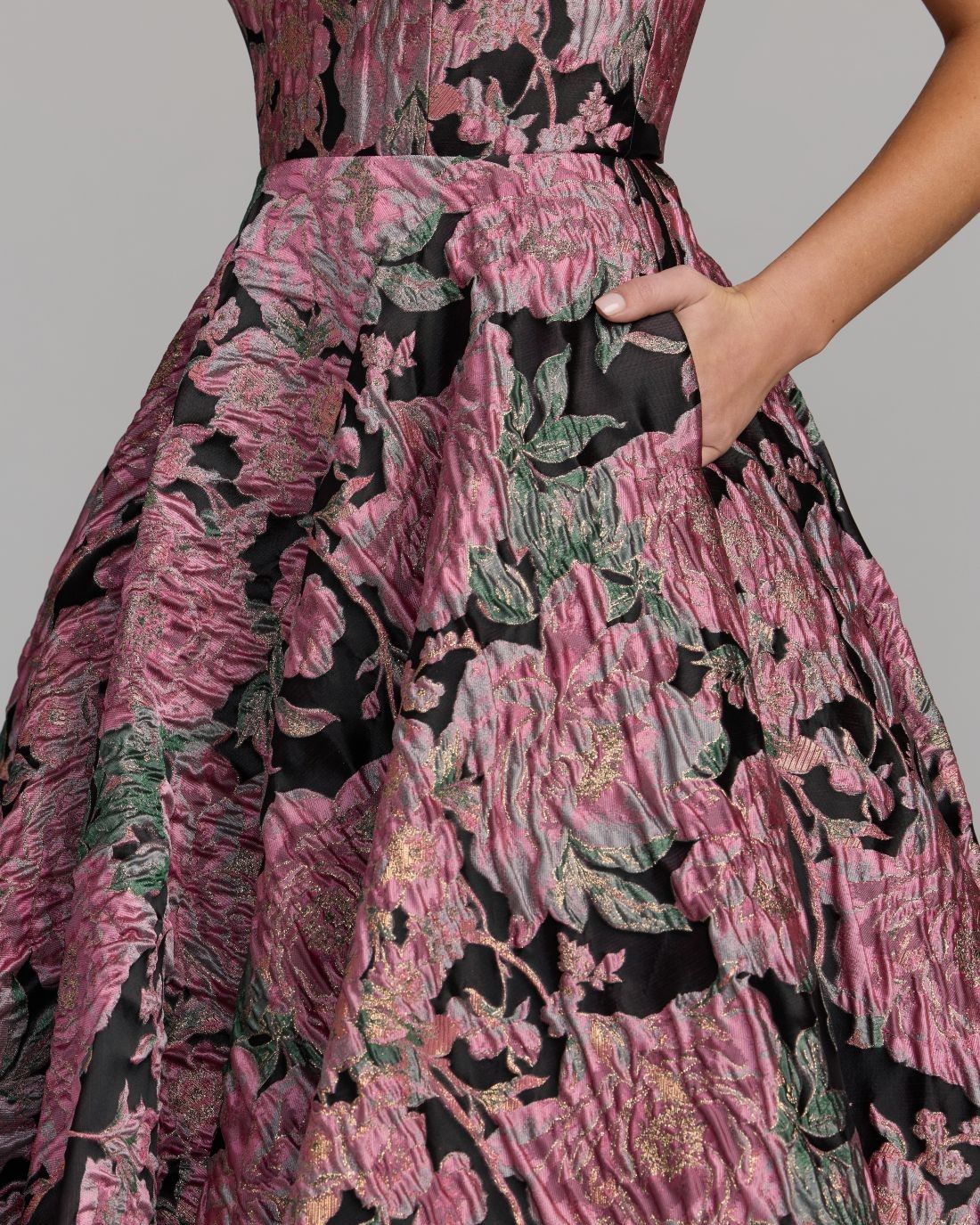 Mac Duggal #69149 black multi brocade pattern detail