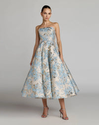 Mac Duggal 69149 Powder Blue brocade strapless midi dress with pockets - front
