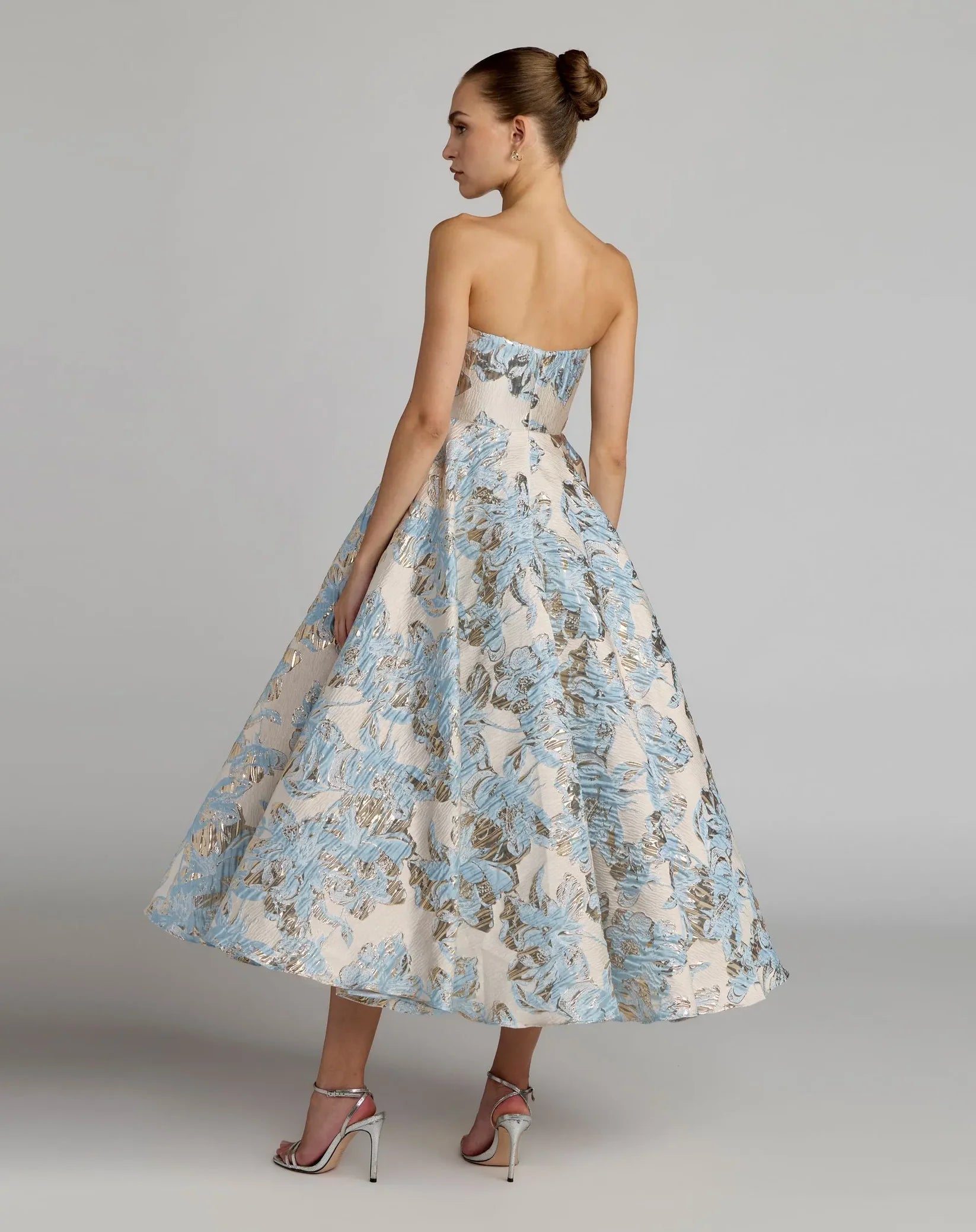 Mac Duggal 69149 Powder Blue brocade strapless midi dress with pockets - back