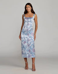 Mac Duggal 69152 Blue Multi floral square neck midi dress - Front