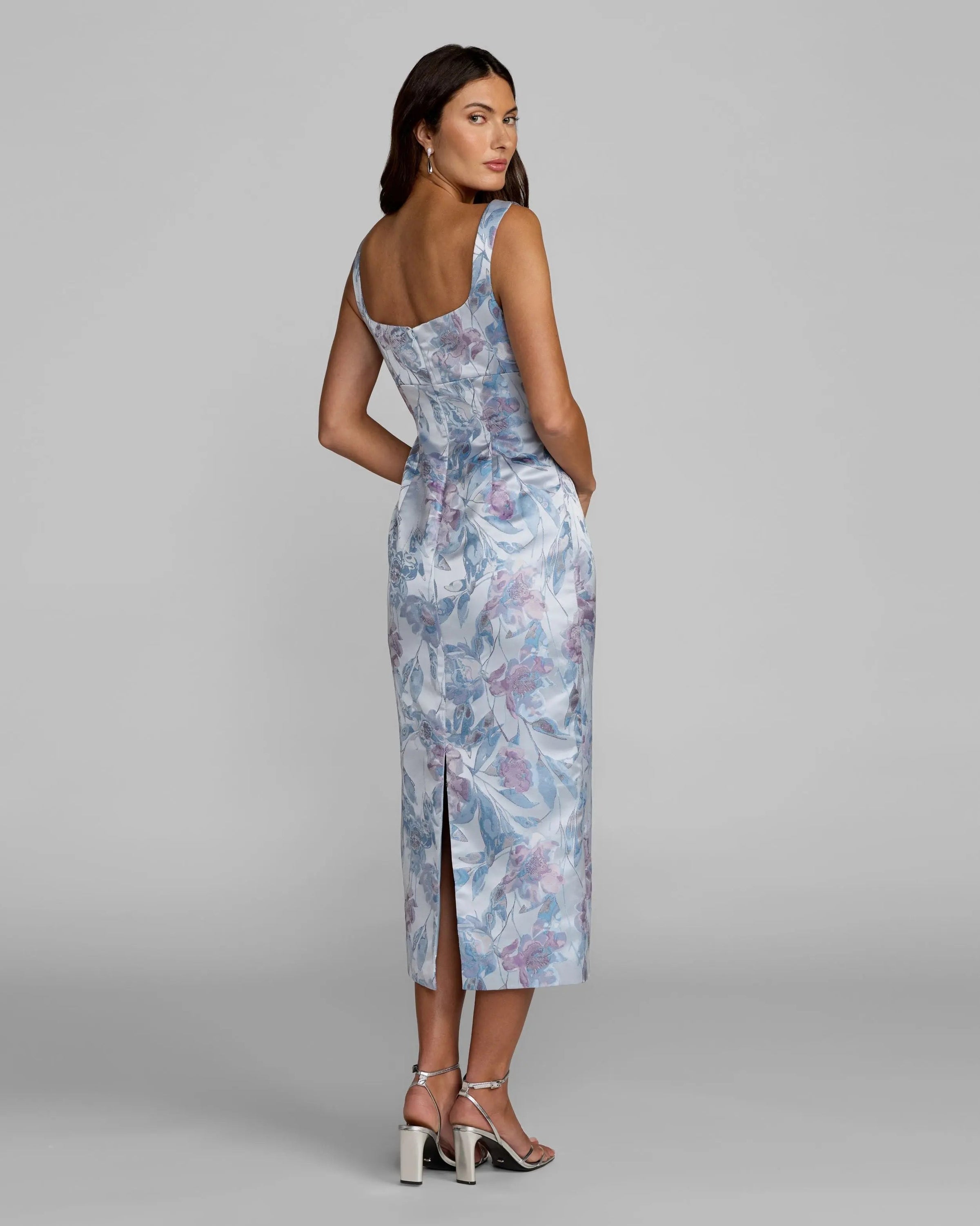 Mac Duggal 69152 Blue Multi floral square neck midi dress - Back view